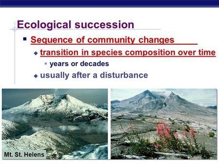 AP Biology Ecological succession  Sequence of community changes  transition in species composition over time  years or decades  usually after a disturbance.