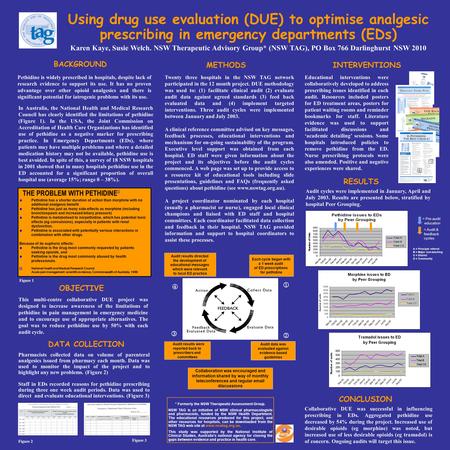 Using drug use evaluation (DUE) to optimise analgesic prescribing in emergency departments (EDs) Karen Kaye, Susie Welch. NSW Therapeutic Advisory Group*