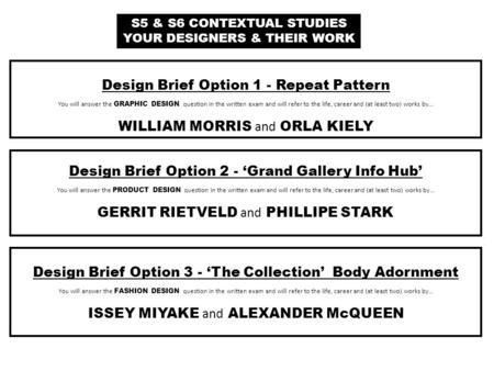 Design Brief Option 1 - Repeat Pattern You will answer the GRAPHIC DESIGN question in the written exam and will refer to the life, career and (at least.