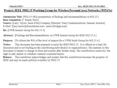 Doc.: IEEE 802.15-03/158r1 Submission Larry Taylor (DTC), Jason Ellis (GA)Slide 1 Project: IEEE P802.15 Working Group for Wireless Personal Area Networks.