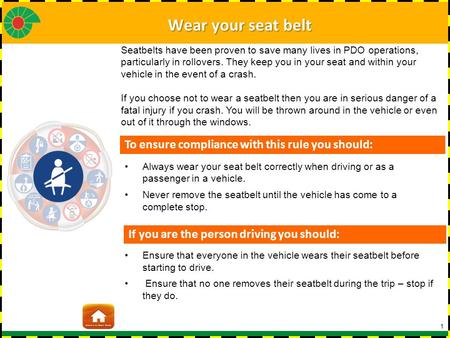 1 Always wear your seat belt correctly when driving or as a passenger in a vehicle. Never remove the seatbelt until the vehicle has come to a complete.