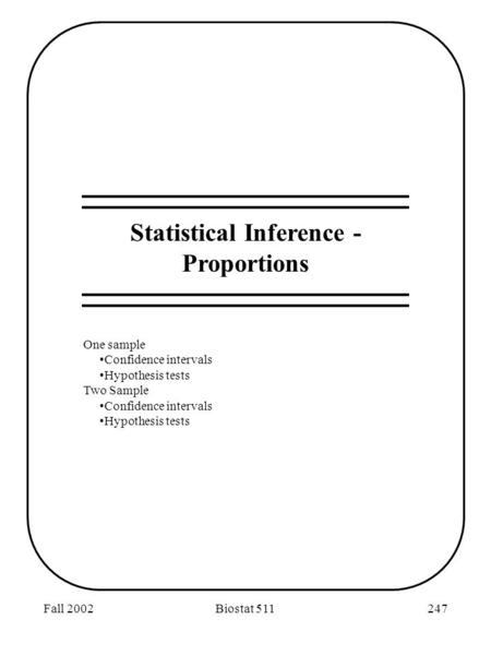 Fall 2002Biostat 511247 Statistical Inference - Proportions One sample Confidence intervals Hypothesis tests Two Sample Confidence intervals Hypothesis.