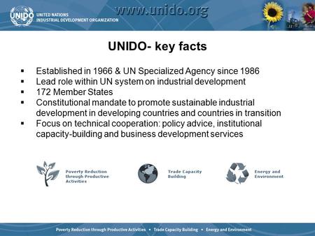 UNIDO- key facts  Established in 1966 & UN Specialized Agency since 1986  Lead role within UN system on industrial development  172 Member States 