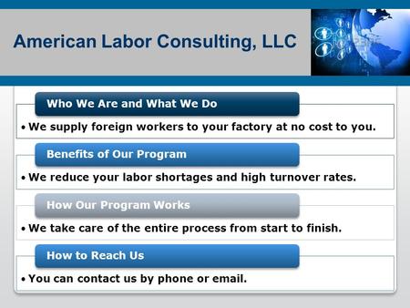 We supply foreign workers to your factory at no cost to you. Who We Are and What We Do We reduce your labor shortages and high turnover rates. Benefits.