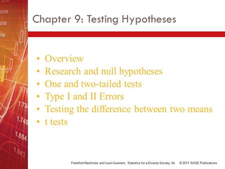 Chapter 9: Testing Hypotheses Overview Research and null hypotheses One and two-tailed tests Type I and II Errors Testing the difference between two means.