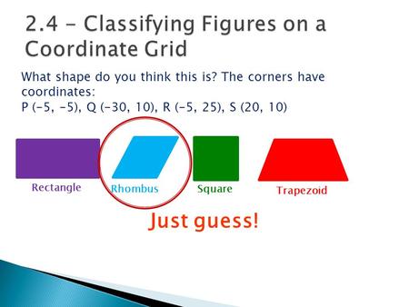 What shape do you think this is? The corners have coordinates: P (-5, -5), Q (-30, 10), R (-5, 25), S (20, 10) Rectangle RhombusSquare Trapezoid Just guess!