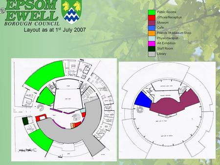 Layout as at 1 st July 2007 Public Rooms Offices/Reception Museum Cafe Friends of Museum Shop Physiotherapist Art Exhibition Staff Room Library.