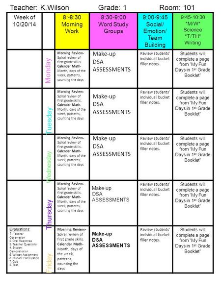 Week of 10/20/14 8:-8:30 Morning Work 8:30-9:00 Word Study Groups 9:00-9:45 Social/ Emotion/ Team Building 9:45-10:30 *M/W* Science *T/TH* Writing Morning.