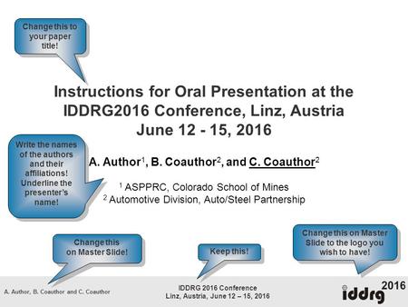 A. Author, B. Coauthor and C. Coauthor IDDRG 2016 Conference Linz, Austria, June 12 – 15, 2016 Instructions for Oral Presentation at the IDDRG2016 Conference,