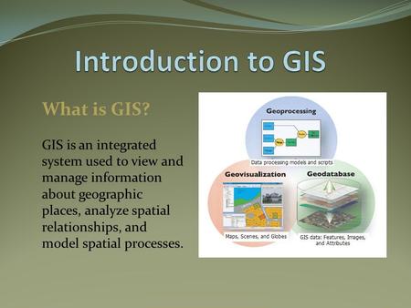 What is GIS? GIS is an integrated system used to view and manage information about geographic places, analyze spatial relationships, and model spatial.