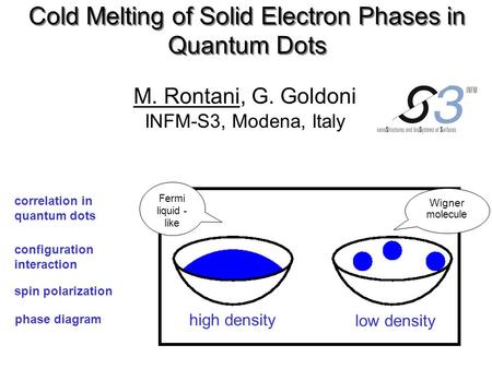 Cold Melting of Solid Electron Phases in Quantum Dots M. Rontani, G. Goldoni INFM-S3, Modena, Italy phase diagram correlation in quantum dots configuration.