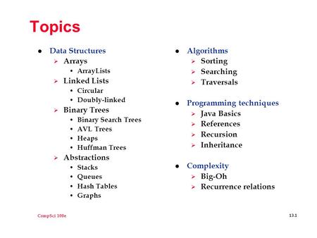 CompSci 100e 13.1 Topics l Data Structures  Arrays ArrayLists  Linked Lists Circular Doubly-linked  Binary Trees Binary Search Trees AVL Trees Heaps.