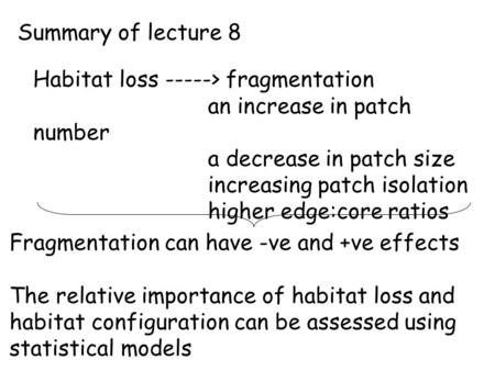 Summary of lecture 8 Habitat loss -----> fragmentation an increase in patch number a decrease in patch size increasing patch isolation higher edge:core.