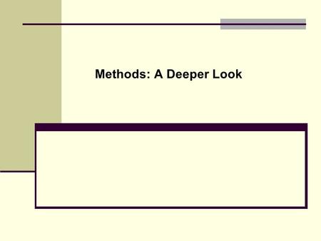 Methods: A Deeper Look. Template for Class Definition public class { } A.Import Statement B.Class Comments C.Class Name D.Data members E.Methods (inc.