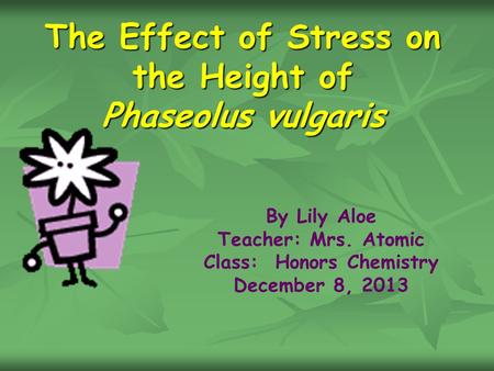 The Effect of Stress on the Height of Phaseolus vulgaris By Lily Aloe Teacher: Mrs. Atomic Class: Honors Chemistry December 8, 2013.