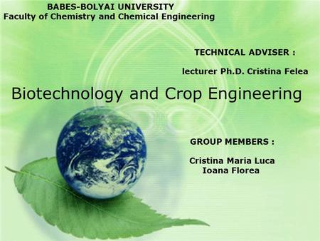 Biotechnology and Crop Engineering GROUP MEMBERS : Cristina Maria Luca Ioana Florea TECHNICAL ADVISER : lecturer Ph.D. Cristina Felea BABES-BOLYAI UNIVERSITY.