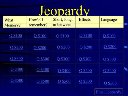 Jeopardy What Memory? How’d I remember? Short, long, in between