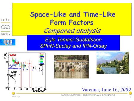 Egle TOMASI-GUSTAFSSON CEA DSM IRFU SPhN and CNRS/IN2P3/ IPNO 16-VI-2009 1 Space-Like and Time-Like Form Factors Compared analysis Egle Tomasi-Gustafsson.