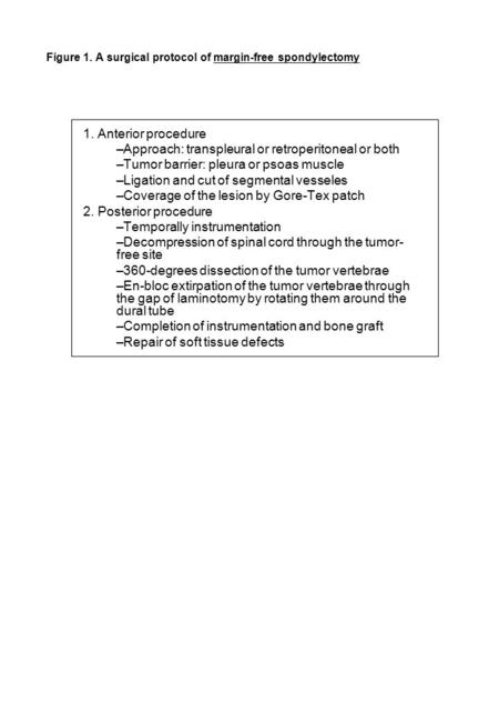 Figure 1. A surgical protocol of margin-free spondylectomy 1. Anterior procedure –Approach: transpleural or retroperitoneal or both –Tumor barrier: pleura.