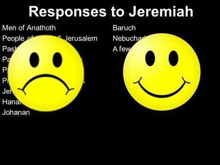 Responses to Jeremiah Men of Anathoth People of Judah & Jerusalem Pashhur son of Immer Pashhur son of Malchiah Princes (Officials) Priests & (false) Prophets.