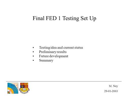 Final FED 1 Testing Set Up Testing idea and current status Preliminary results Future development Summary M. Noy 29-01-2003.