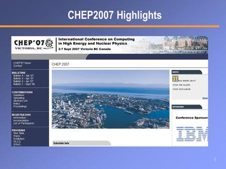 1 CHEP2007 Highlights. 2 Computing in High-Energy Physics 2001 - Beijing 2003 – La Jolla 2005 - Interlaken 2006 - Mumbai 1997 - Berlin 1998 - Chicago.