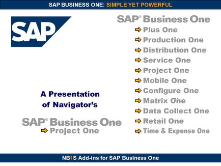 NB1S Add-ins for SAP Business One SAP BUSINESS ONE: SIMPLE YET POWERFUL A Presentation of Navigator’s.