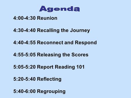 4:00-4:30 Reunion 4:30-4:40 Recalling the Journey 4:40-4:55 Reconnect and Respond 4:55-5:05 Releasing the Scores 5:05-5:20 Report Reading 101 5:20-5:40.