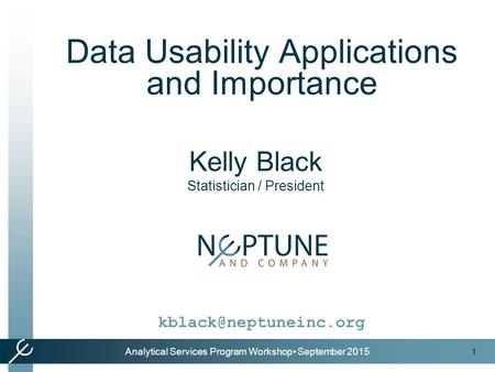 1 Analytical Services Program Workshop September 2015 Data Usability Applications and Importance Kelly Black Statistician / President.