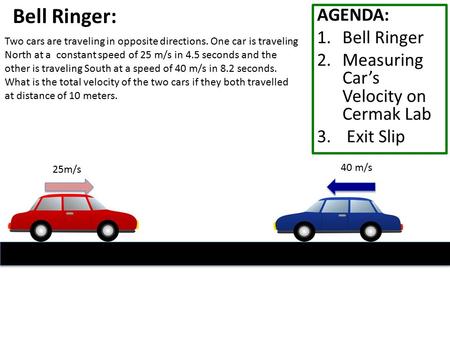 Bell Ringer: AGENDA: 1.Bell Ringer 2.Measuring Car’s Velocity on Cermak Lab 3. Exit Slip Two cars are traveling in opposite directions. One car is traveling.