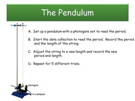 The Pendulum A.Set up a pendulum with a photogate set to read the period. B.Start the data collection to read the period. Record the period and the length.