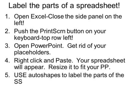 Label the parts of a spreadsheet! 1.Open Excel-Close the side panel on the left! 2.Push the PrintScrn button on your keyboard-top row left! 3.Open PowerPoint.