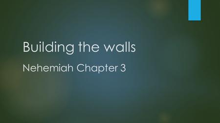 Building the walls Nehemiah Chapter 3. 1 Eliashib the high priest and his fellow priests went to work and rebuilt the Sheep Gate. They dedicated it and.