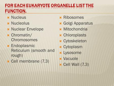  Nucleus  Nucleolus  Nuclear Envelope  Chromatin/ Chromosomes  Endoplasmic Reticulum (smooth and rough)  Cell membrane (7.3)  Ribosomes  Golgi.