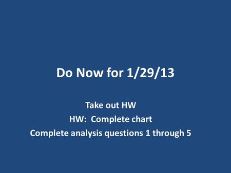 Do Now for 1/29/13 Take out HW HW: Complete chart Complete analysis questions 1 through 5.