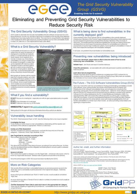 The Grid Security Vulnerability Group (GSVG) Enabling Grids for E-sciencE EGEE-III INFSO-RI-222667  Eliminating and Preventing.
