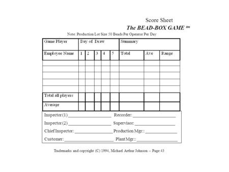 Score Sheet The BEAD-BOX GAME tm Note: Production Lot Size 50 Beads Per Operator Per Day Inspector (1) ___________________ Recorder: ___________________.