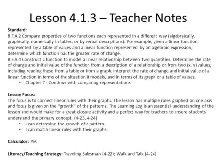 Lesson – Teacher Notes Standard: