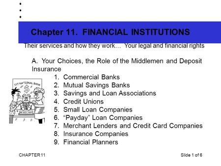 CHAPTER 11Slide 1 of 6 Chapter 11. FINANCIAL INSTITUTIONS Their services and how they work… Your legal and financial rights A. Your Choices, the Role.