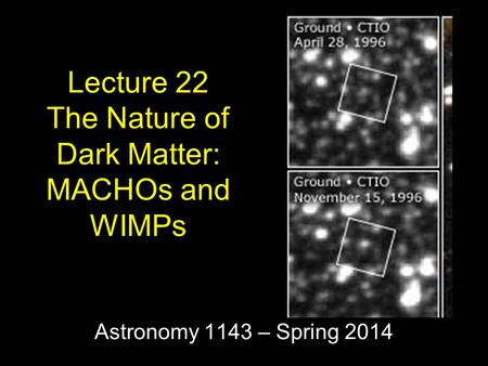 Astronomy 1143 – Spring 2014 Lecture 22 The Nature of Dark Matter: MACHOs and WIMPs.