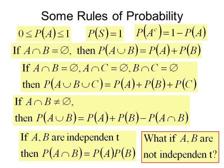 Some Rules of Probability. More formulae: P(B|A) = = Thus, P(B|A) is not the same as P(A|B). P(A  B) = P(A|B)·P(B) P(A  B) = P(B|A)·P(A) CONDITIONAL.