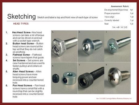 Vex 1.0 © 2005 Carnegie Mellon Robotics Academy Inc. Sketching 1. 2.3.3. 4. 5.6.6. HEAD TYPES 1. Hex Head Screw- Hex head screws can take a lot of torque.