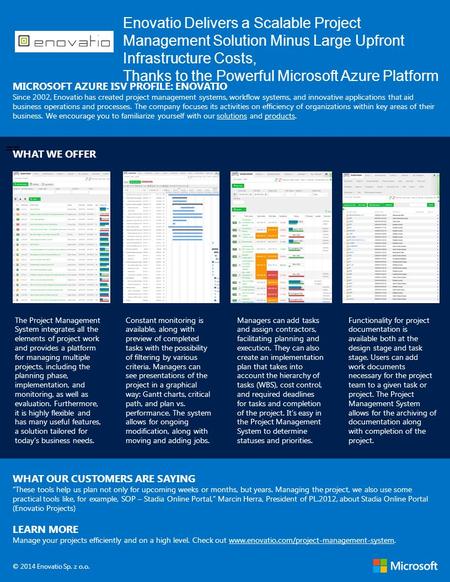 == Enovatio Delivers a Scalable Project Management Solution Minus Large Upfront Infrastructure Costs, Thanks to the Powerful Microsoft Azure Platform MICROSOFT.