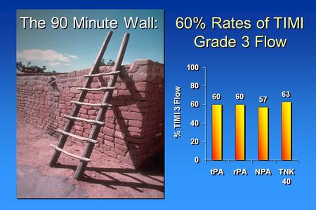 The 90 Minute Wall: 60% Rates of TIMI Grade 3 Flow % TIMI 3 Flow.