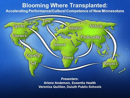 Blooming Where Transplanted: Accelerating Performance/Cultural Competence of New Minnesotans Presenters: Arlene Anderson, Essentia Health Veronica Quillien,