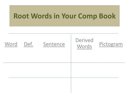 Root Words in Your Comp Book Derived Words PictogramWord Def.Sentence.