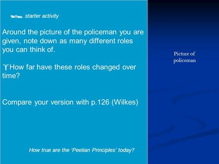 Around the picture of the policeman you are given, note down as many different roles you can think of.  How far have these roles changed over time? Compare.