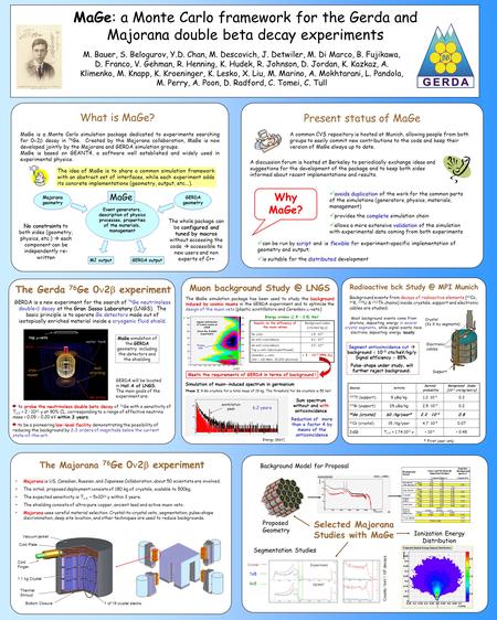 What is MaGe? MJ outputGERDA output MaGe is a Monte Carlo simulation package dedicated to experiments searching for 0 2  decay in 76 Ge. Created by the.