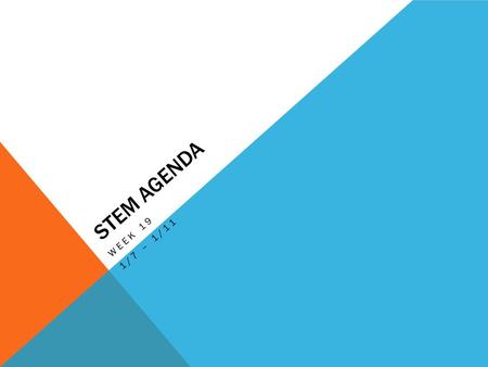 STEM AGENDA WEEK 19 1/7 – 1/11. AGENDA 1/7 Learning Target: To determine when and why we use various mechanisms. Finish Mechanisms: Build, Cut & Past,