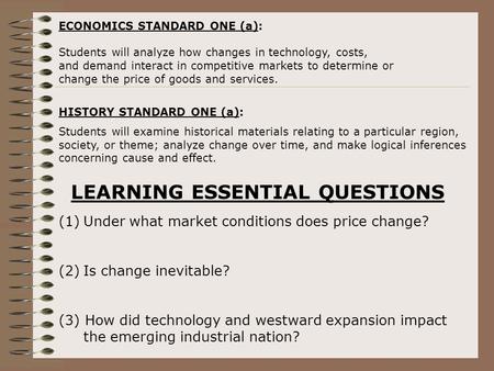 ECONOMICS STANDARD ONE (a): Students will analyze how changes in technology, costs, and demand interact in competitive markets to determine or change the.